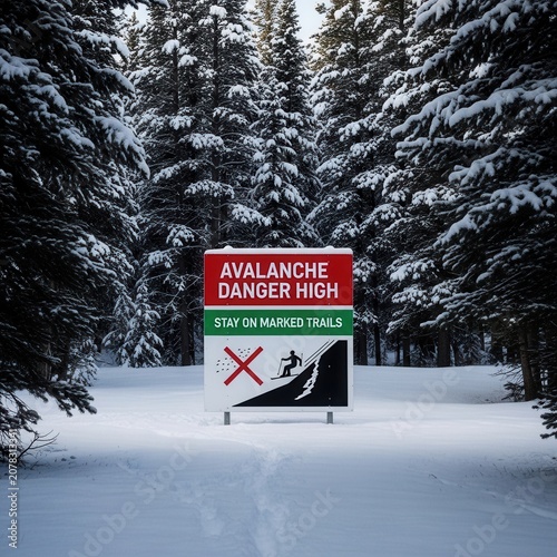 Winter Forest Scene Featuring Avalanche Warning Sign Against Snowy Wilderness Background