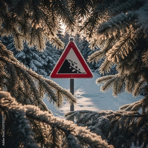 Winter Forest Scene Showcasing Avalanche Warning Sign Within Snowy Landscape Frame