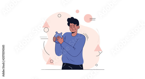 Cuadro en lienzo A concerned young man holds an empty blue piggy bank, depicting financial stress and money worries in a modern flat vector style