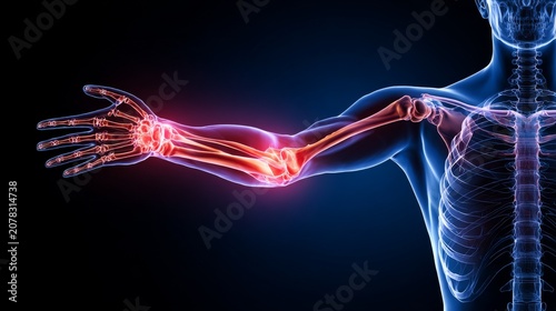 Human anatomy arm fracture, skeletal medical illustration showing forearm bones, radius ulna injury with red highlighted broken area  transparent blue body structure for healthcare diagnosis concept.