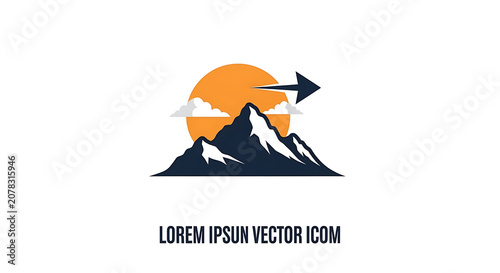 Stylized mountain peak logo featuring orange sun and directional arrow symbol for travel branding identity