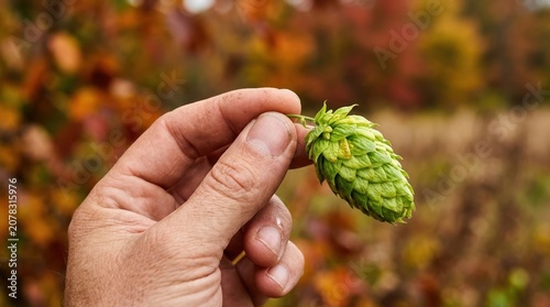 Hand Holding Fresh Green Hop Cone for Craft Beer Brewing Ingredient Harvest Concept