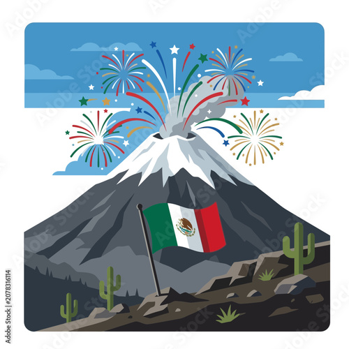 Mexican flag on volcano, fireworks celebration, desert landscape