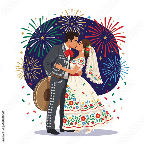 Mexican Wedding Couple Kissing with Fireworks