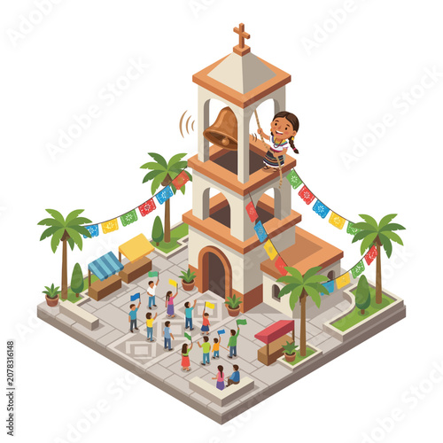 Mexican Village Celebration: Church, Market, and Festive Crowd