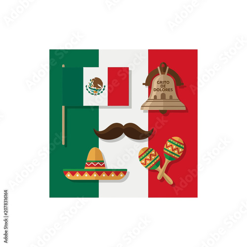 Mexico Icons: Flag, Sombrero, Maracas, Moustache, Bell