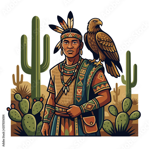 Native American Man with Eagle and Cacti