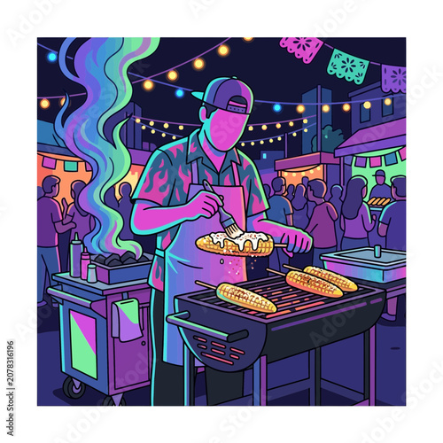 Street Food Vendor Grilling Corn