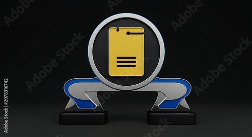 Modern minimalist digital data storage icon design featuring a sleek golden memory card emblem on a sophisticated blue and black structural base