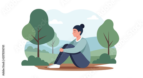 Fotografía A thoughtful woman sits in a tranquil park, hugging her knees while surrounded by lush green trees and soft hills in a serene flat vector landscape