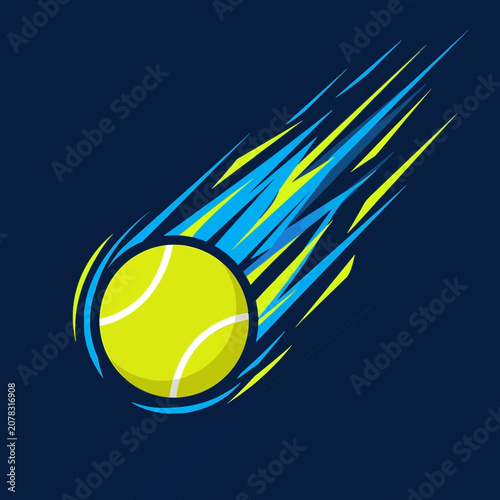 Dynamic tennis ball vector featuring fast motion speed trails on navy background. Ideal for sports branding, tournament ads, and club marketing. Flexible Layout, Copy Space.