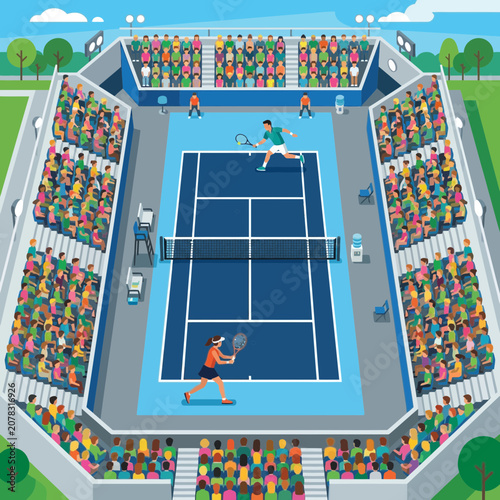 Professional Tennis Tournament Illustration with Diverse Crowd in Stadium. High Angle Active Sports Competition Vector for Event Marketing. Flexible Layout.