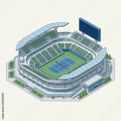 Isometric modern tennis arena with blue hardcourt and green seating. Professional sports tournament venue, Flexible Layout, Copy Space.