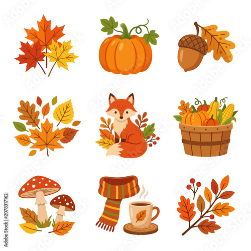 Foto Vibrant collection of nine autumn-themed illustrations featuring fall foliage, harvest elements, a cute fox, mushrooms, and cozy seasonal items