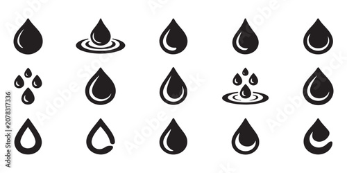 Fotografie Set of fifteen flat water drop icons and simple rainy weather signs for mobile app ui design or website graphic needs