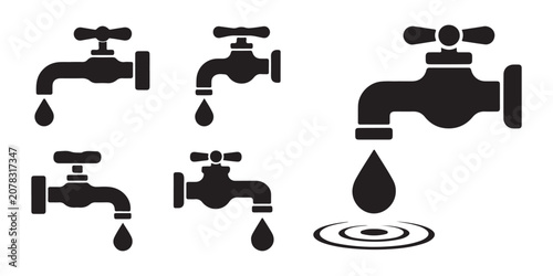 Schilderij op canvas Set of five black water tap icons with falling drop silhouette for plumbing services or industrial water systems art