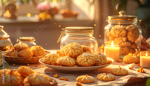 Golden Flower Cookies in Glass Jars with Warm Festive Lighting