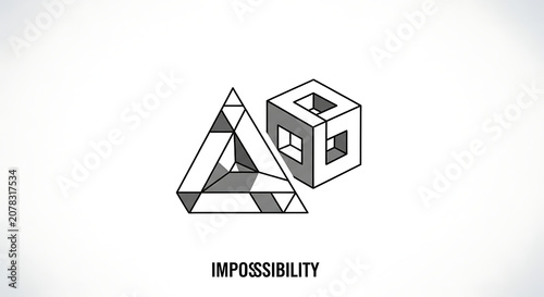 Minimalist optical illusion graphic featuring impossible geometric triangle and cube shapes