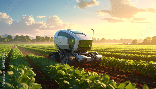 Autonomous Agricultural Robot Working in Green Crop Field at Sunset