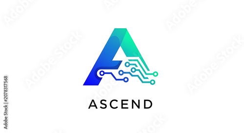 Modern stylized letter A logo incorporating circuit board design elements and a vibrant gradient, symbolizing technological advancement and upward progress toward future success