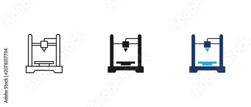 3D printer icon, three dimensional digital manufacturing prototype machine set. vector illustration