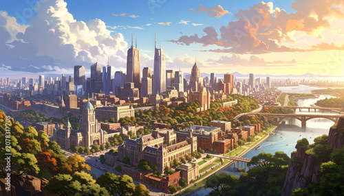 Anime Cityscape Skyline with Historic Architecture and Sunset River