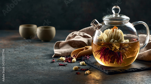 Glass teapot with blooming herbal tea on dark rustic table with cups and petals
