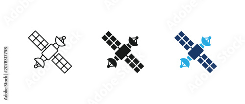 Satellite icon, global communication orbit broadcast technology dual antenna panel set. vector illustration