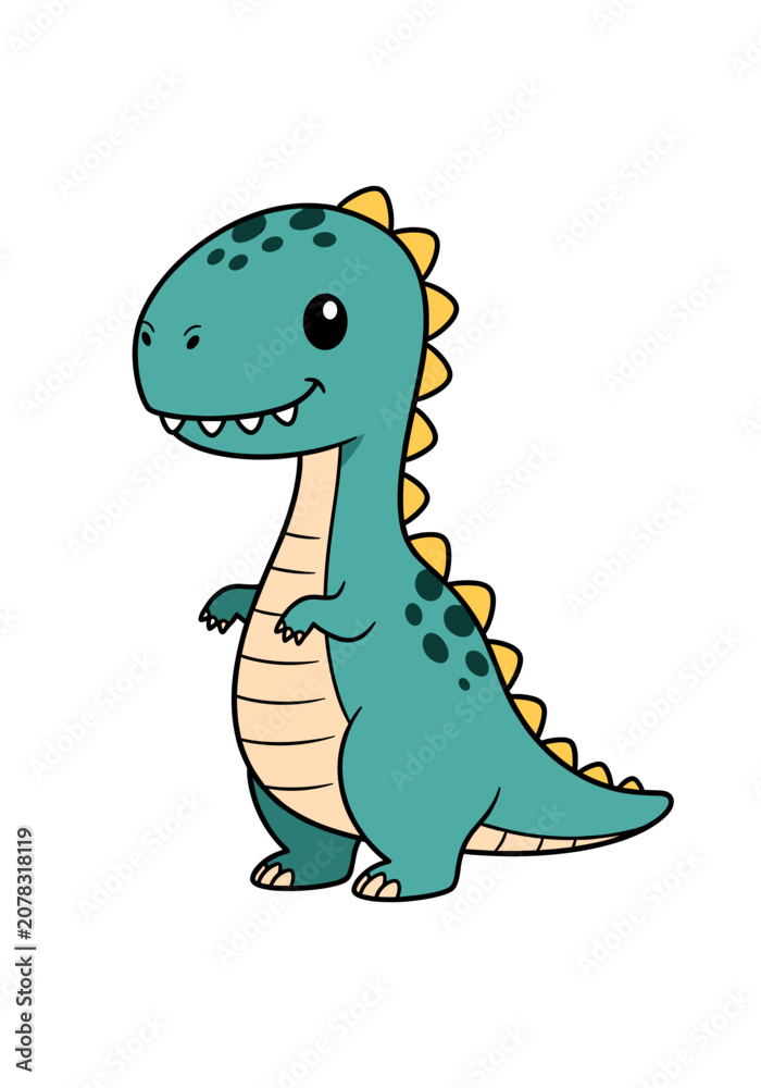 Fototapeta premium Cute cartoon dinosaur standing upright with a friendly smile.