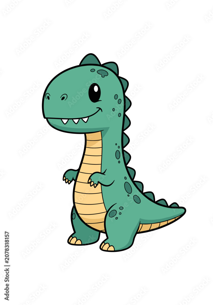 Fototapeta premium Cute cartoon dinosaur standing upright with a friendly smile and happy expression.