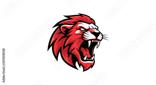 Red roaring lion mascot head illustration for esports gaming team logo isolated on white background