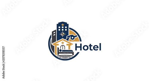 Modern Hotel Logo Design Vector Illustration featuring Buildings Bed and Bell Icons on White Background