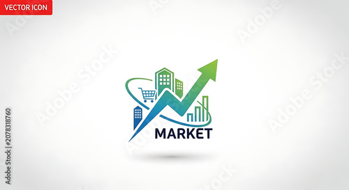 Market growth logo template featuring a rising financial arrow, buildings, and a shopping cart icon