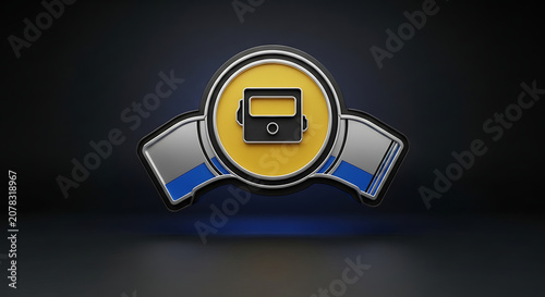 3D Glossy Yellow and Blue Fuel Pump Badge Emblem Icon on Dark Background