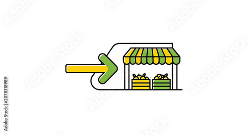 Linear Illustration of a Grocery Market Stall with Directional Arrow Symbolizing Local Shopping and Fresh Produce Access