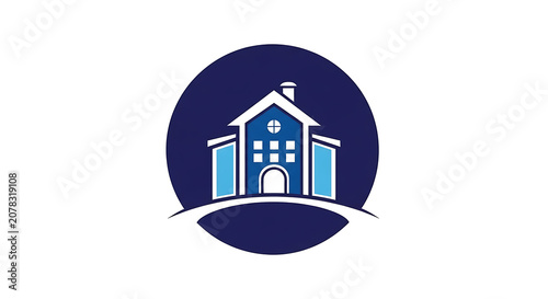 Real Estate House Building Logo Icon Inside Blue Circle Vector Illustration
