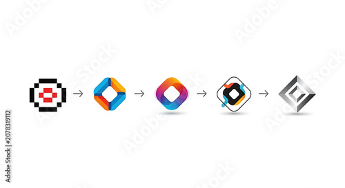 Evolution of a Geometric Logo from Pixel Art to a Modern 3D Metallic Diamond Shape Illustration