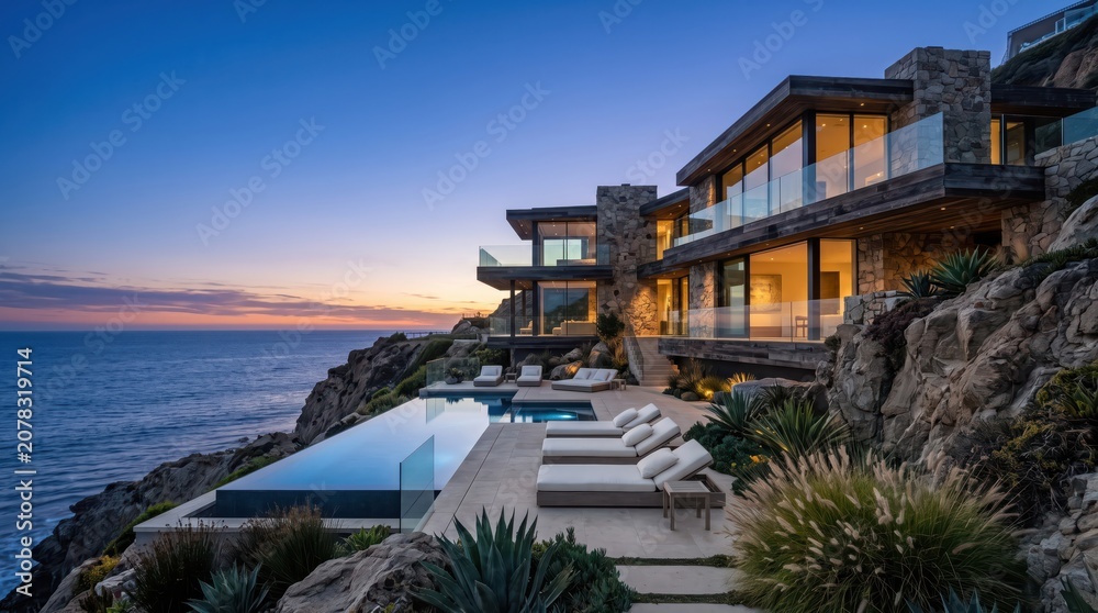 Fototapeta premium Cliffside modern house with infinity pool at sunset
