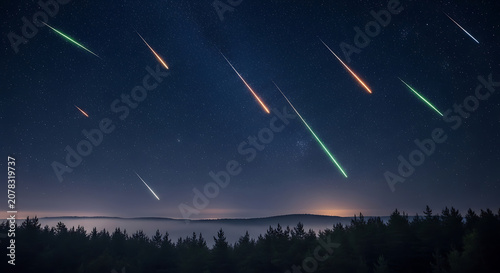 Spectacular colorful meteor shower falling over a dark forest horizon under a starry night sky