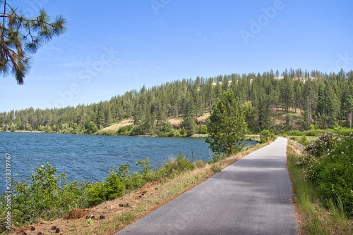 On a sunny summer day, the view of the Trail of the Coeur d’Alenes curving along the lakeshore in the forest near Harrison, Idaho.