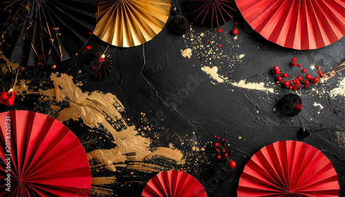 Luxury Japanese New Year background with red and gold paper fans and gold leaf on black texture