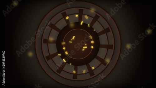 Abstract Circular Geometric Motion Graphic with Glowing Golden Particles and Rotating Radial Patterns.