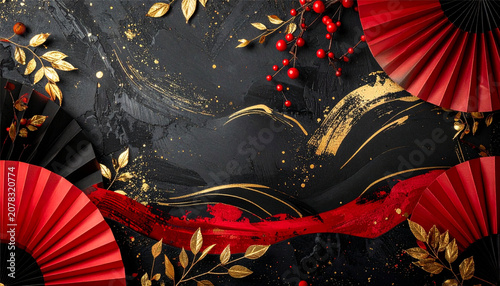 Luxury Japanese New Year background with red and gold paper fans and gold leaf on black texture