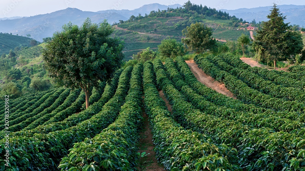 Fototapeta premium Coffee Plantation Rows On Hillside Morning Mist