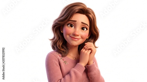 Animated young woman with brown wavy hair smiling sweetly with hands clasped