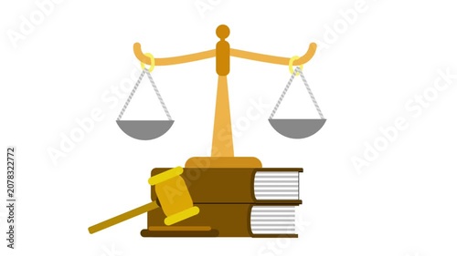 Legal justice concept illustrated with a flat vector animation of scales, a gavel, and books on white and green backgrounds.