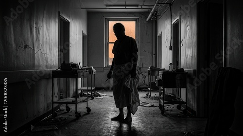 Silhouette Of A Person In Abandoned Hospital Hallway With Overgrown Vegetation Outside
