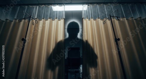 Silhouette Of A Person Standing Behind Medical Curtains With An IV Pole