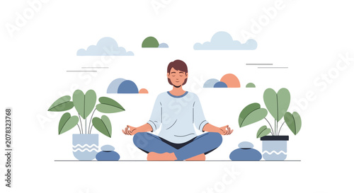 Photography A peaceful person meditates in a cross-legged position, surrounded by lush potted plants and balanced zen stones in a clean, flat vector style