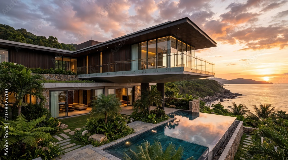 Fototapeta premium Modern oceanfront villa with infinity pool at sunset